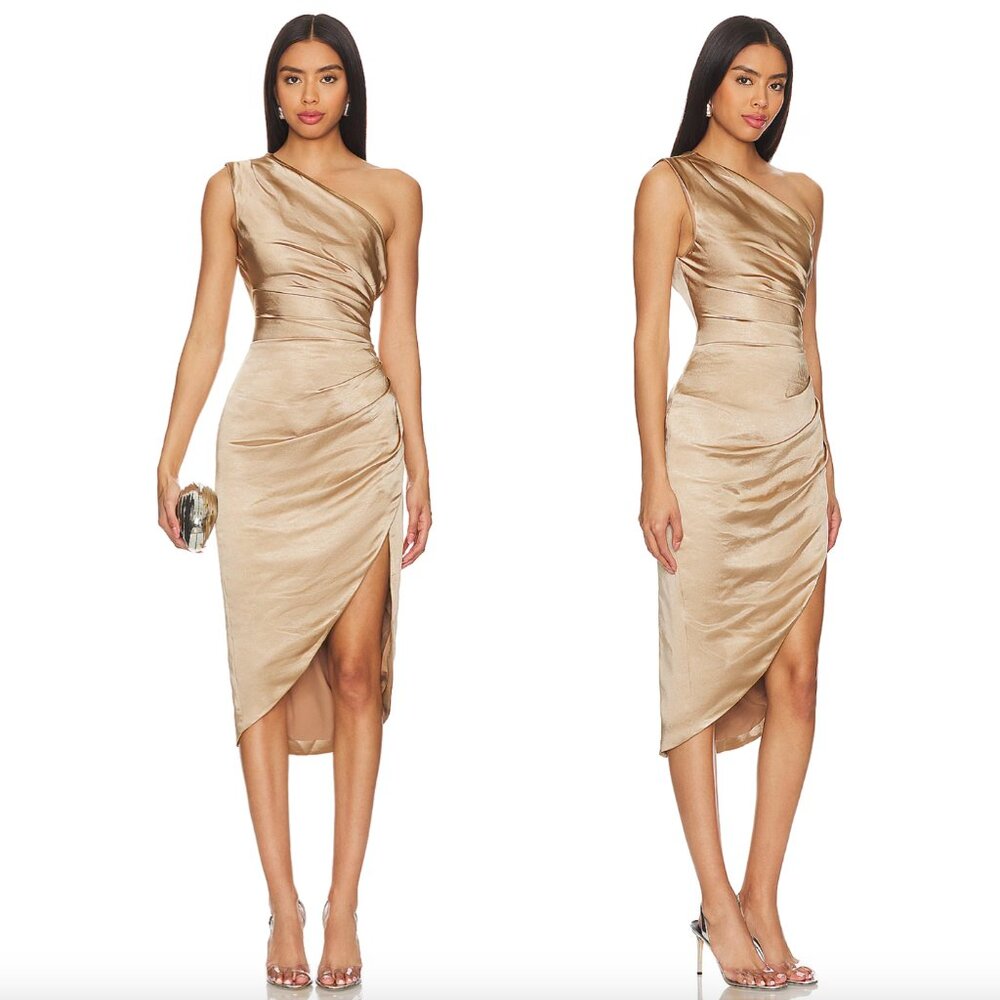 ELLIATT Cassini Midi Dress in Gold Golden Metallic Tan Satin Silk Formal XS
